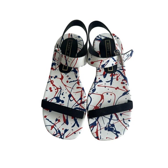 MARC JACOBS Paint Splatter White Blue Red Leather Sandals Size 7.5 / 37.5 - Picture 3 of 7